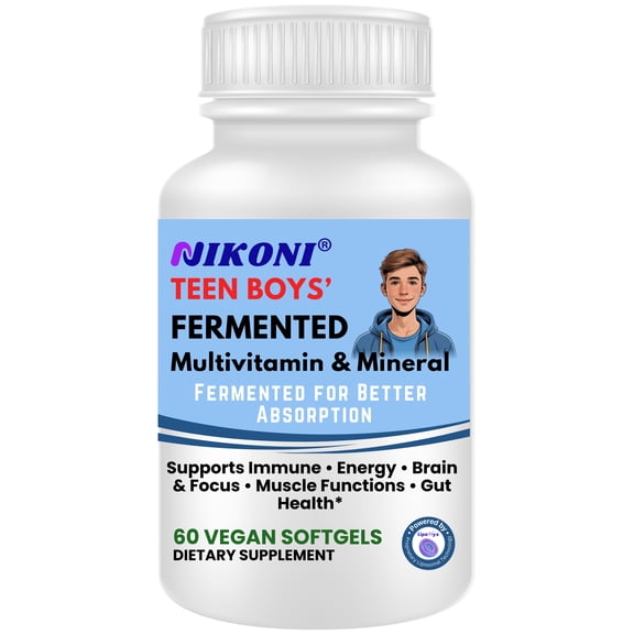 Nikoni Teen Boys' Multivitamin and Mineral Vegan Softgels Fermented for Better Absorption 60 Count