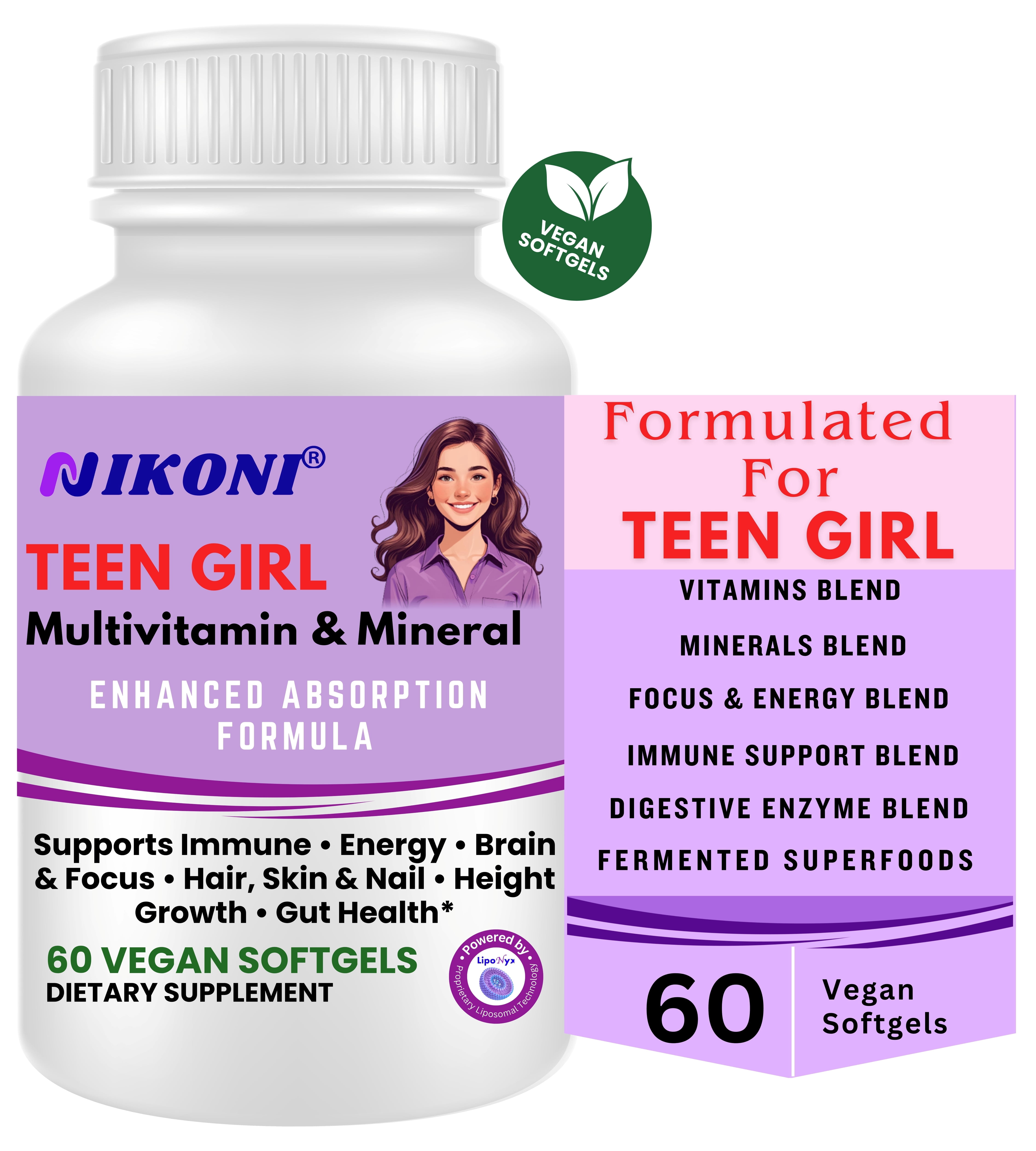 Nikoni Teen Girl Multivitamin & Mineral Vegan Softgels Enhanced Absorption Formula 60 Count