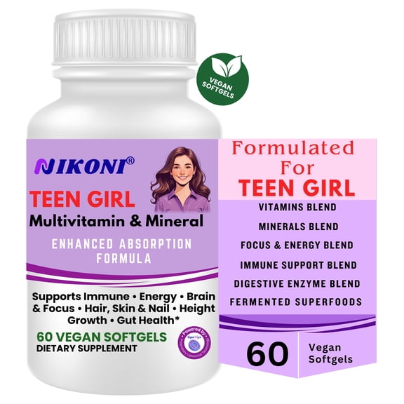 Nikoni Teen Girl Multivitamin & Mineral Vegan Softgels Enhanced Absorption Formula 60 Count