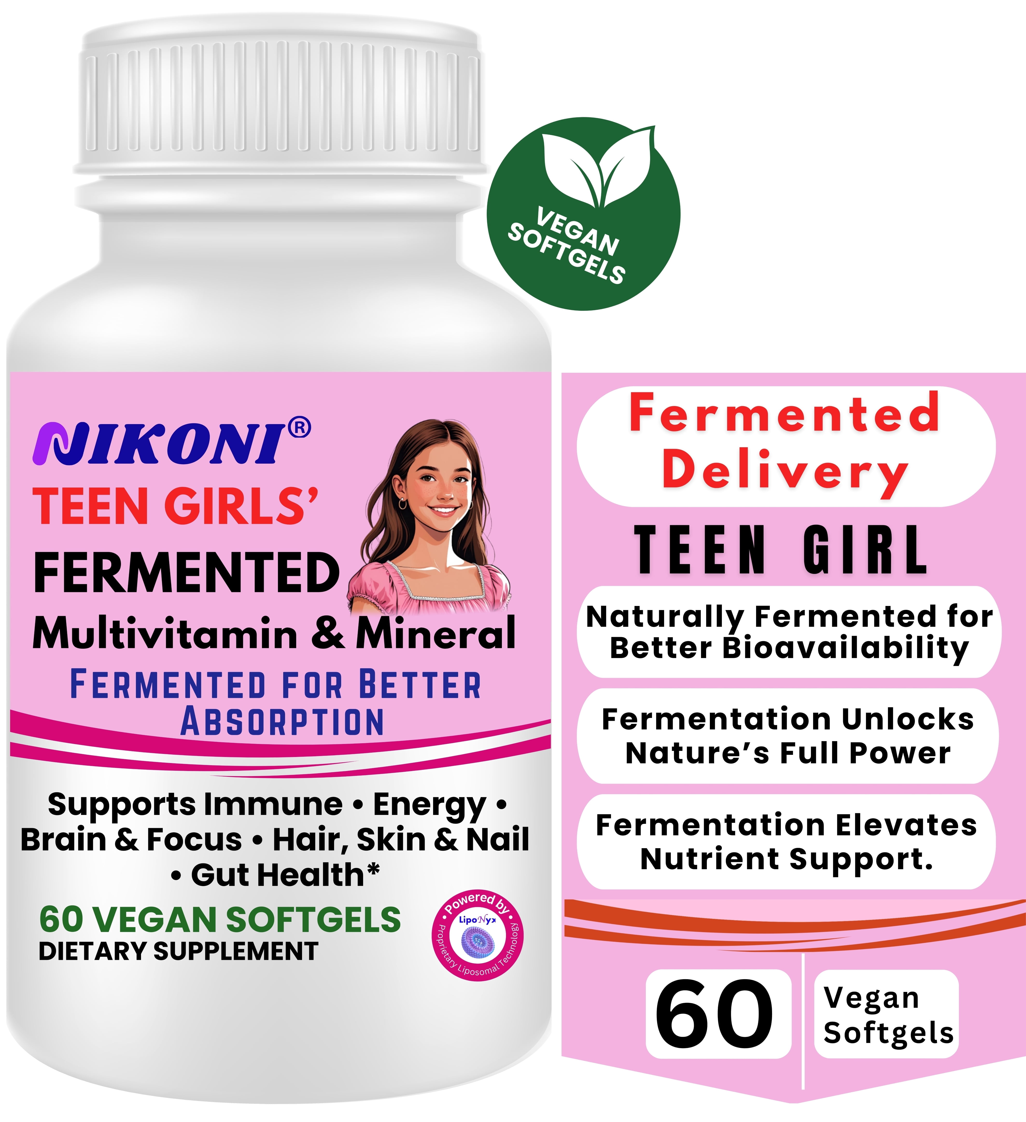 Nikoni Teen Girls' Fermented Multivitamin Mineral Vegan Softgels for Better Absorption 60 Count