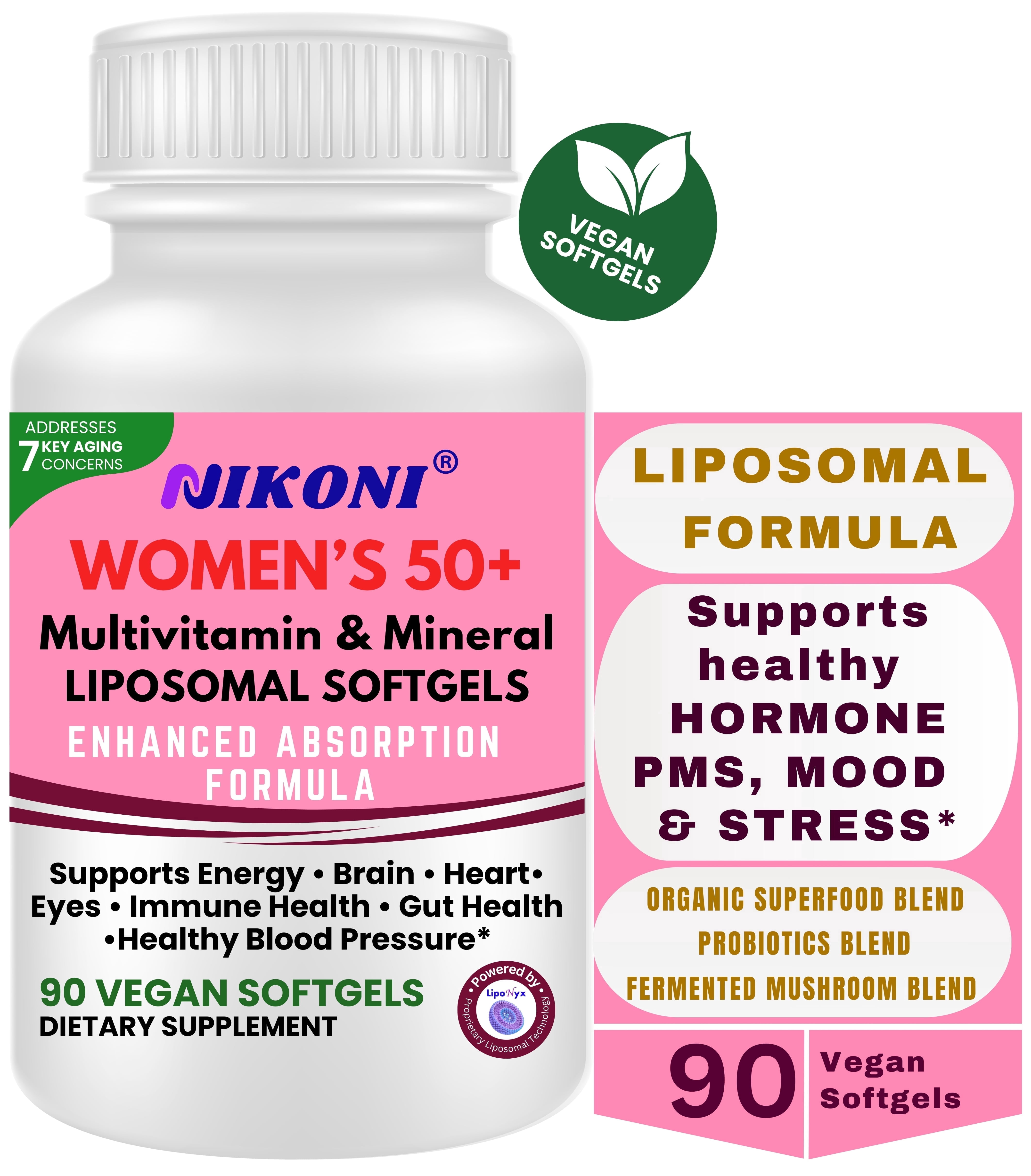 Nikoni Women's 50+ Multivitamin and Mineral Liposomal Vegan Softgels Enhanced Absorption Formula 90 Count