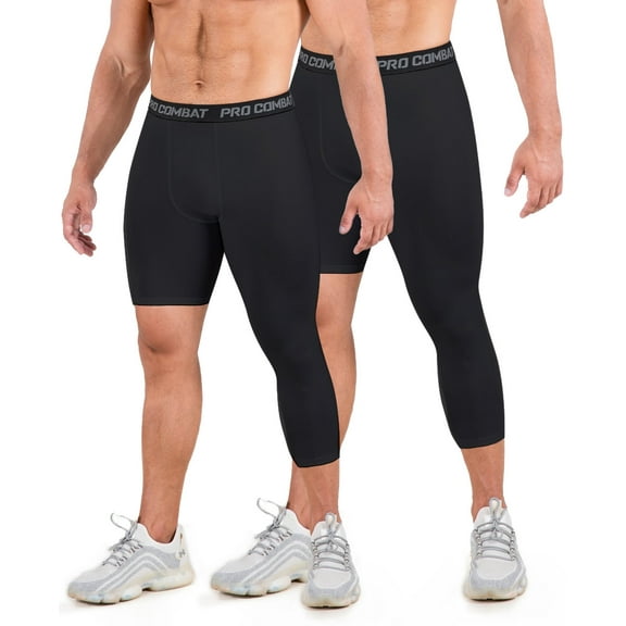 Niksa 2 Pack Men's Compression Pants, 3/4 One Leg Compression Tights Men Basketball Leg Sleeve Athletic Base Layer Leggings