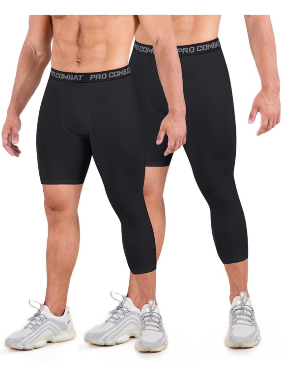 2 Pack Men's Compression Pants, 3/4 One Leg Compression Tights Men Basketball Leg Sleeve Athletic Base Layer Leggings
