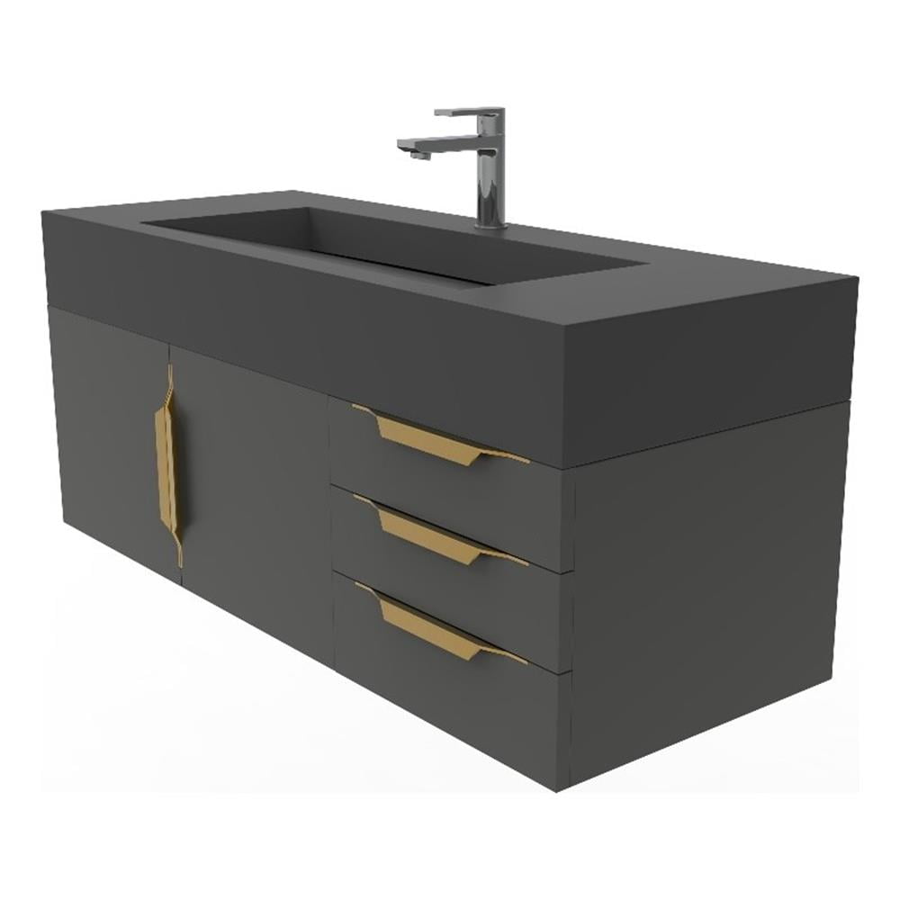 Nile 48" Black Wood Floating Vanity with Black Top and Gold Trim ...