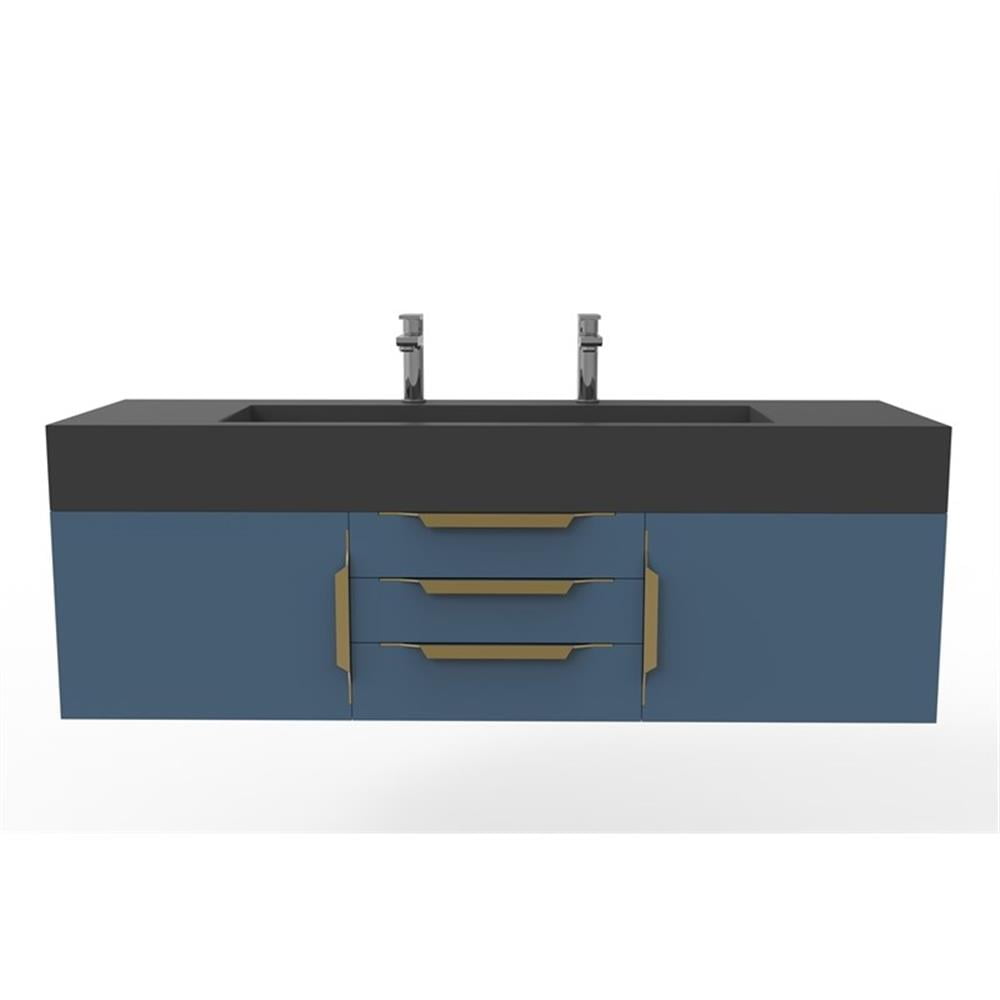 Nile 60" Blue Wood Floating Vanity with Black Top and Gold Trim ...