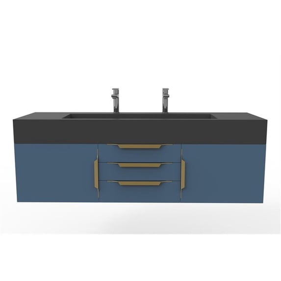Nile 60" Blue Wood Floating Vanity with Black Top and Gold Trim