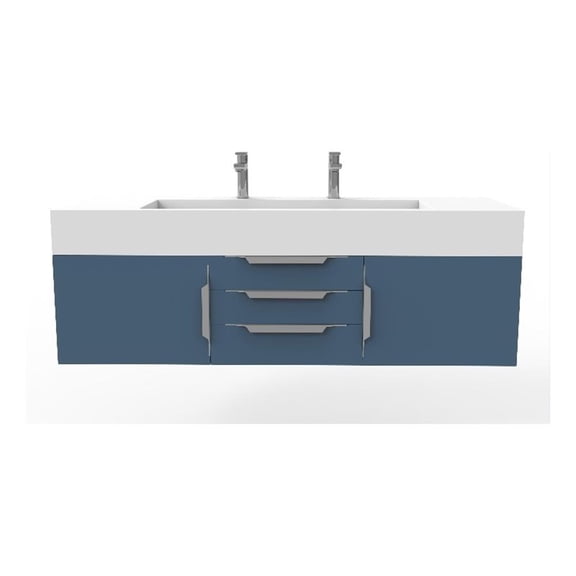 Nile 60" Blue Wood Floating Vanity with White Top and Brushed Nickel Trim