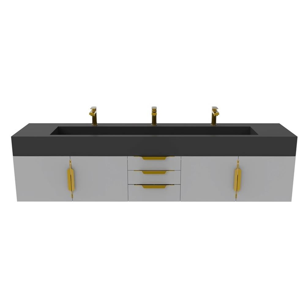 Nile 84" Gray Wood Floating Vanity with Black Top and Gold Trim ...
