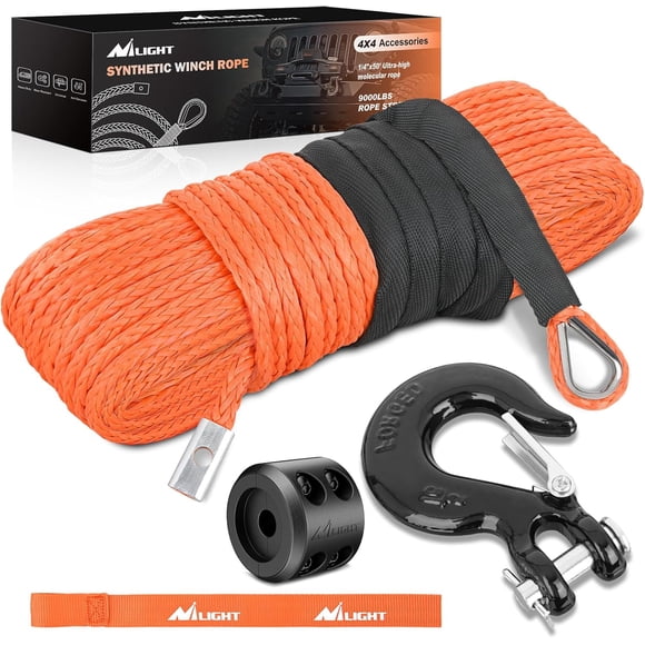 Nilight 1/4" x 50 ft Synthetic Winch Line Cable Kit - Universal for ATV, UTV, 4x4 Off-Road Vehicle - 9000 lbs Winch Line Ropes with Steel Hook, Rubber Stopper, Protective Sleeve, Safety Strap, Orange