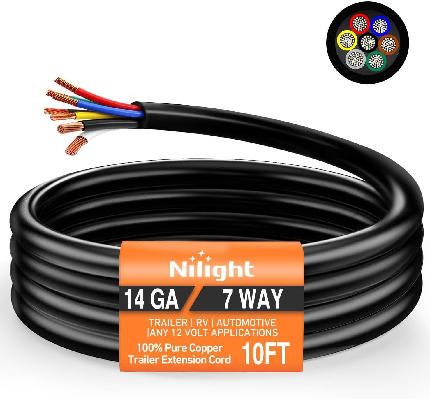 Nilight 10 Feet 7 Way Trailer Extension Cable RV Standard Wire 14 Gauge ...