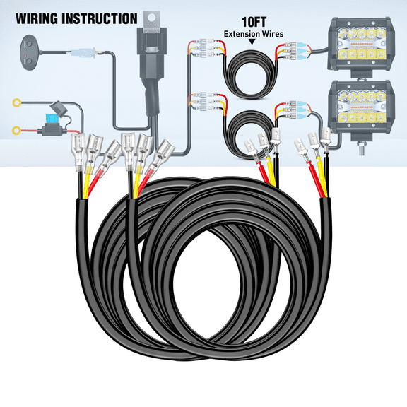 Nilight 10-Foot 2-Pack 16AWG Black Wiring Harness Extension Kit for 6-Mode Amber/White Light Bars Strobe, Play-and-Plug, 3-Wire Setup