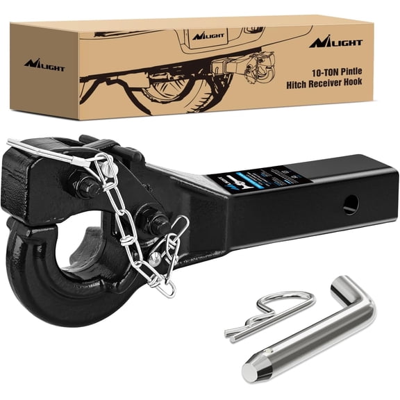 Nilight 10-TON Pintle Hitch for 2-Inch Receiver Hook Military Receiver 20000LBS,Fits 2-1/2 in Lunette Ring, Gloss Black Powder Coat