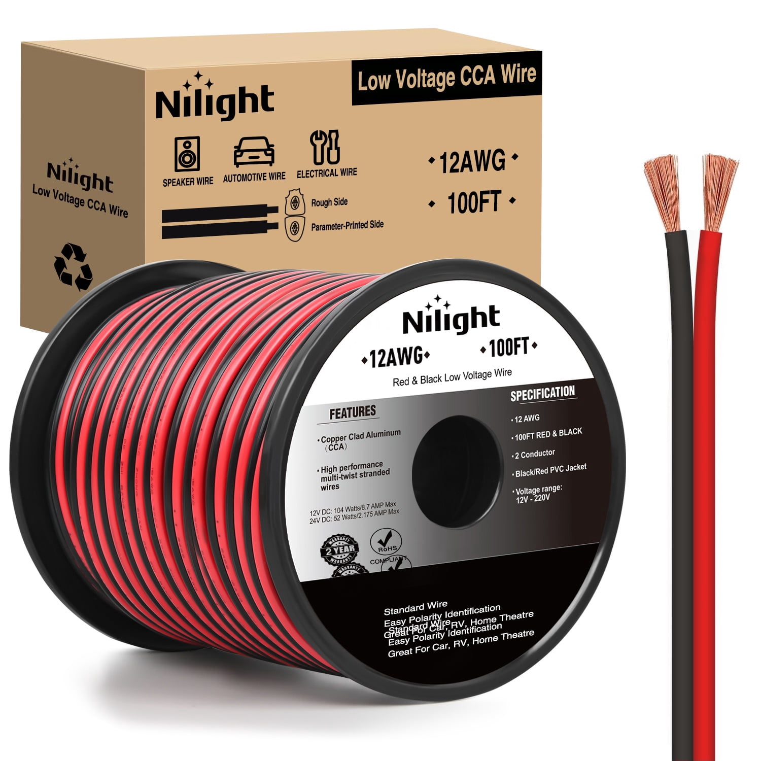 Nilight 100FT 12AWG Copper Clad Aluminum Wire 12/2 Gauge Red Black CCA Electrical Cable 2 Conductor Parallel 12V/24V DC Flexible Extension Cords for Car Audio Radio Speaker Amplifier