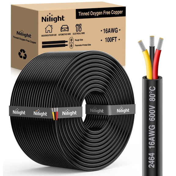 Nilight 100FT 16 Gauge 3 Conductor Electrical Wire Tinned Oxygen Free Copper Red Black Yellow 3 Wires Parallel 600V DC Flexible PVC Case Extension Cords for LED Strips Lamps Lighting