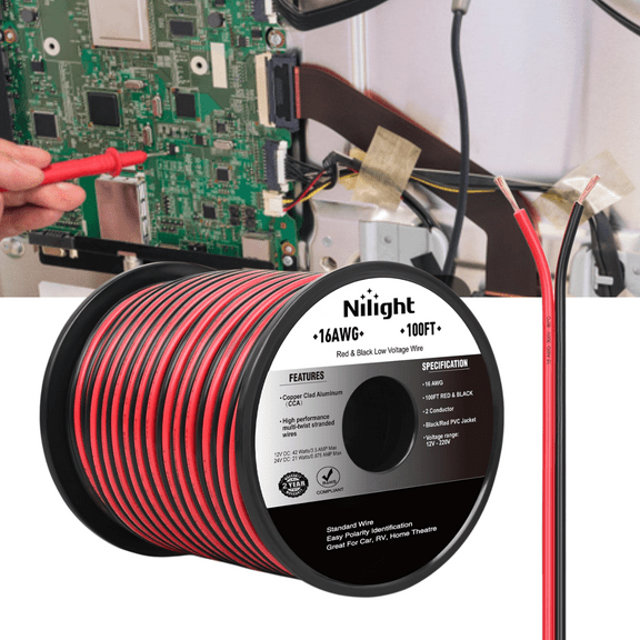 Nilight 100FT 16AWG Copper Clad Aluminum Wire 16/2 Gauge Red Black CCA Electrical Speaker Cable 2 Conductor Parallel 12V/24V DC Flexible Extension Cords for Car Audio Radio