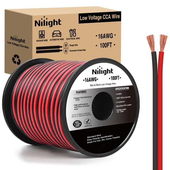 Nilight 100FT 16AWG Copper Clad Aluminum Wire 16/2 Gauge Red Black CCA Electrical Cable 2 Conductor Parallel 12V/24V DC Flexible Extension Cords for Car Audio Radio Speaker Amplifier