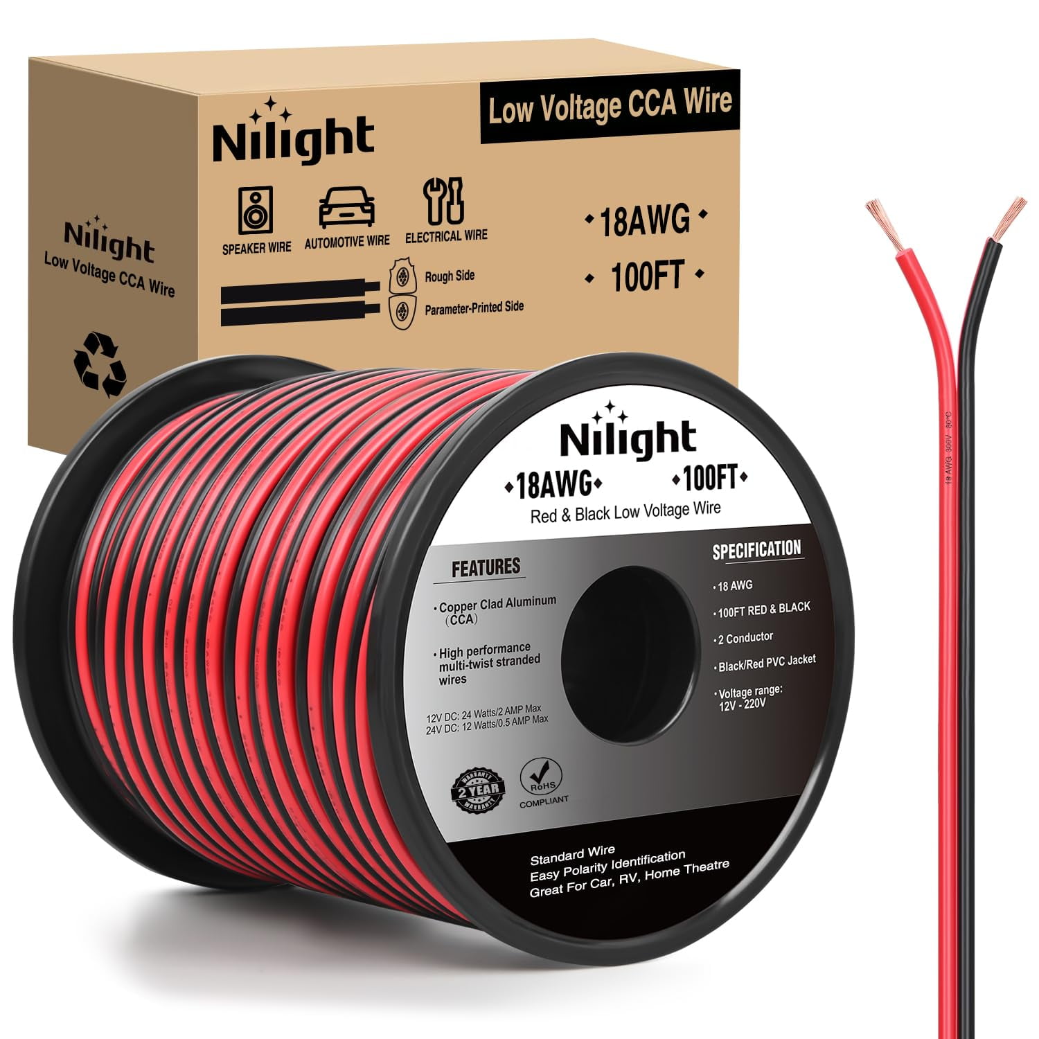 Nilight 100FT 18AWG Copper Clad Aluminum Wire 18/2 Gauge Red Black CCA