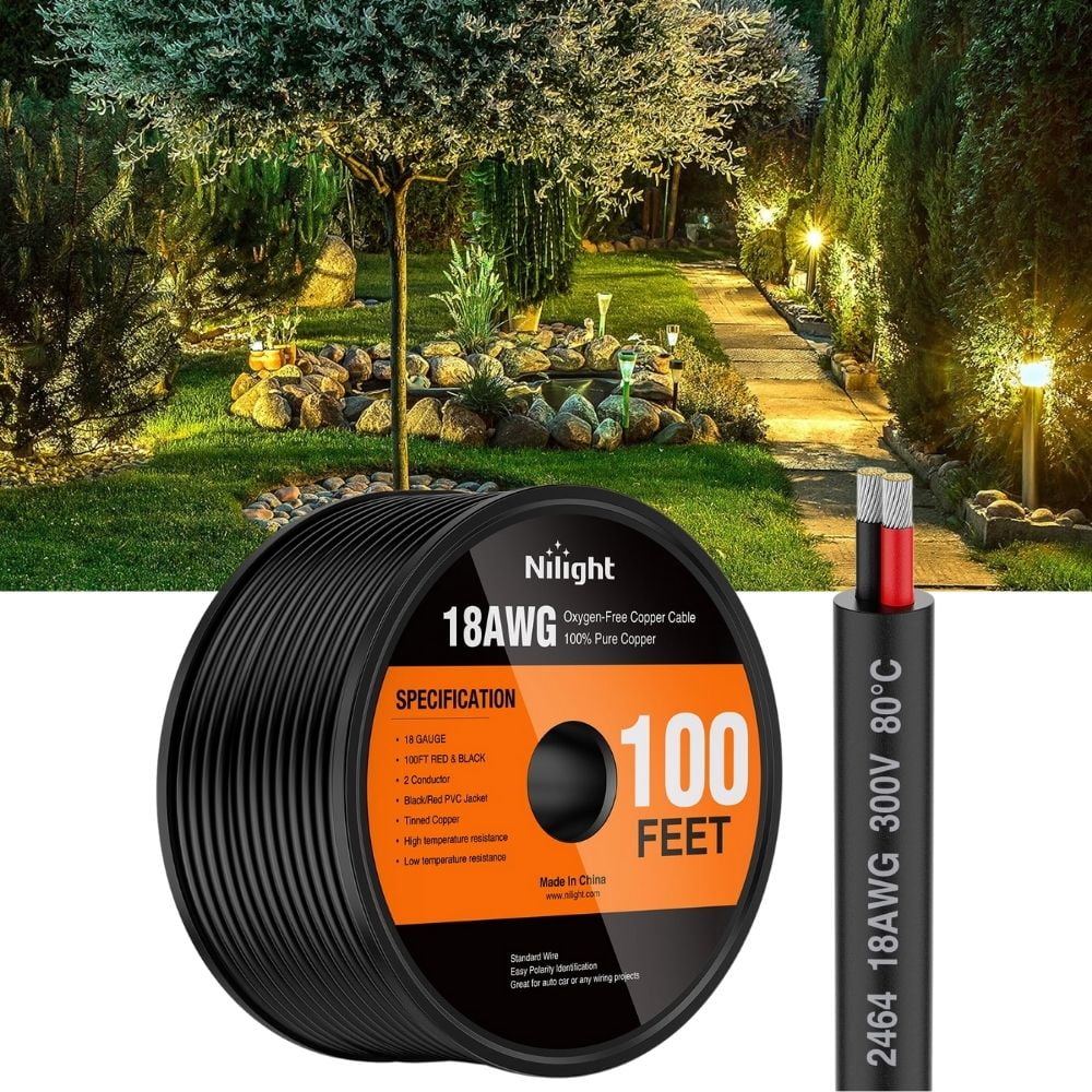 Nilight 100FT 18AWG Oxygen-Free Copper Wire Red Black Electrical Wire Stranded PVC Cord 2 Conductor Parallel 300V DC Flexible Extension Cords for Led Strips Lamps Lighting