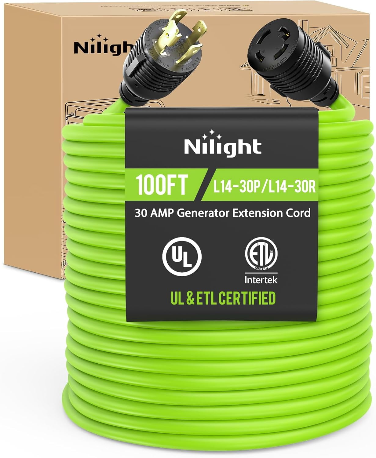 Nilight 100FT 30Amp Generator Extension Cord 125V Heavy Duty 10/3 Gauge Pure Copper STW Wire UL ETL Listed 4 Prong L14-30P L14-30R Weatherproof Suit for Camper Outdoor Use Bright Green