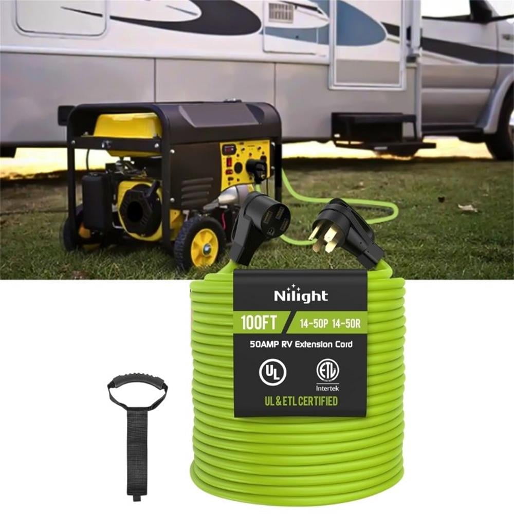 Nilight 100FT 50A RV Extension Cord 250V Heavy Duty 6/3+8/1 Gauge Pure Copper STW Wire UL ETL Listed 4 Prong 14-50P 14-50R Weatherproof Suit for EV Trailer Campers Bright Green