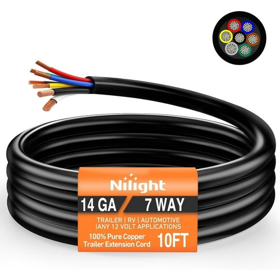 Nilight 10 Feet 7 Way Trailer Extension Cable RV Standard Wire 14 Gauge 7 Conductor 100% Pure Copper Insulated Heavy Duty Cord Weatherproof for 7 Pin Blade Truck Camper RV Automotive
