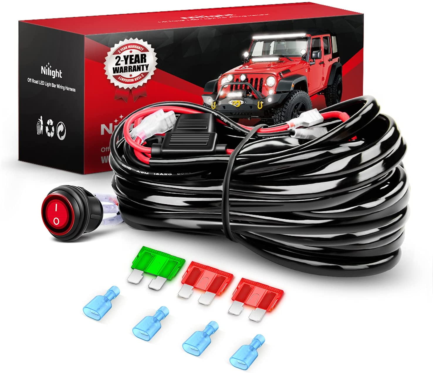 Nilight 10ft LED Light Bar Wiring Harness Kit 12AWG Heavy Duty 12V On