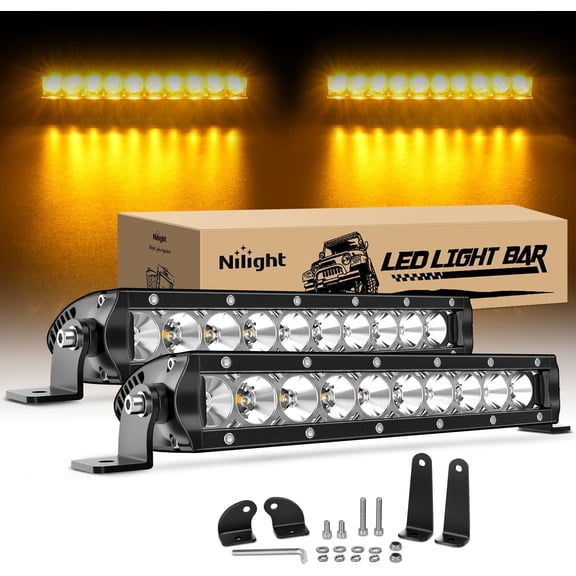Nilight 11 Inch Amber Single Row Led Light Bar Super Slim 2PCS 50W Flood Driving Fog Off Road LED Lights Bumper Lights Reverse Lights for Trucks Ford 2 Style Mounting Brackets, 2 Years Warranty