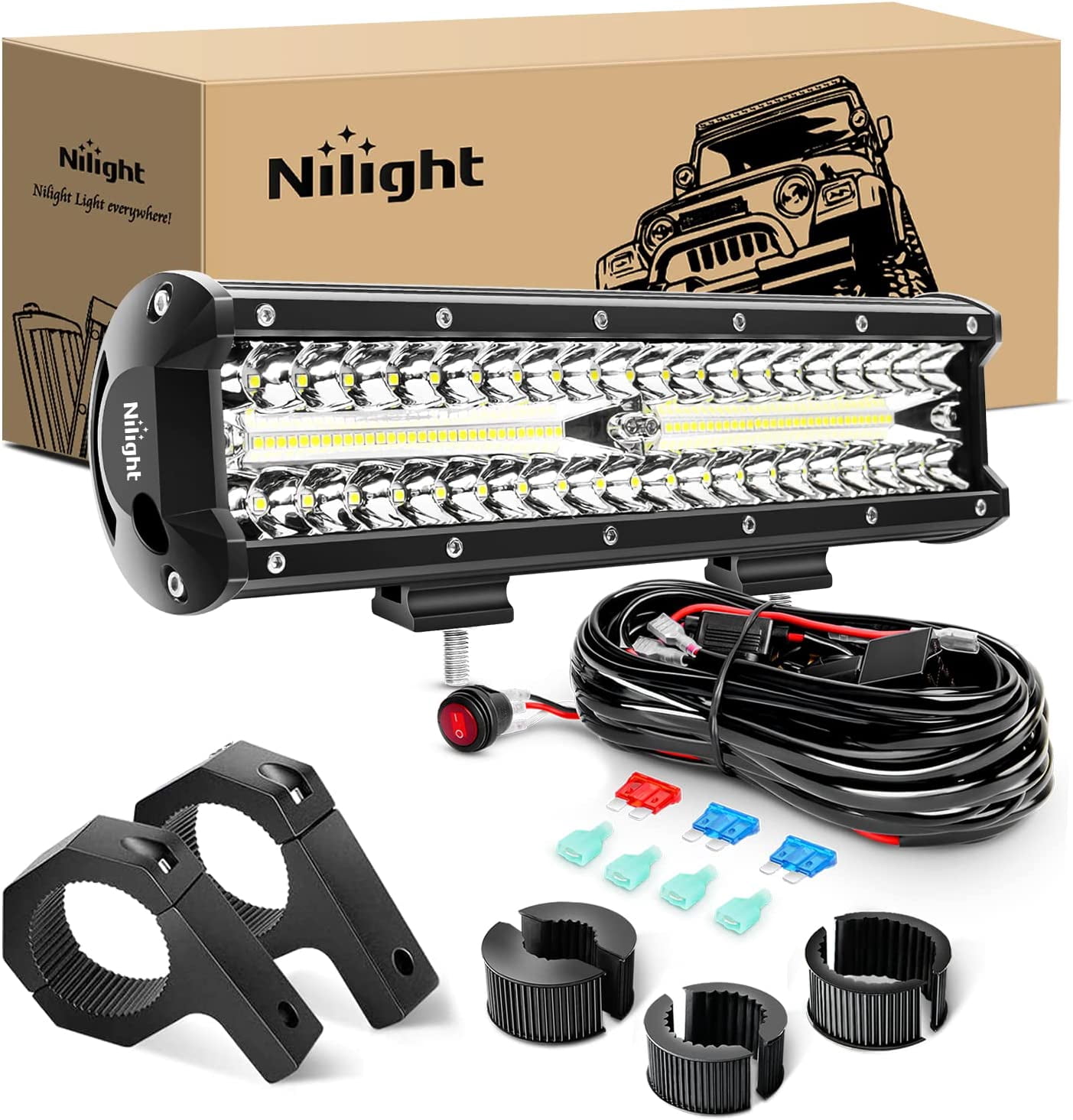 Nilight 12 Inch 300W LED Light Bar Triple Row Flood Spot Combo, Aluminum Housing, IP67 Waterproof, 30000LM