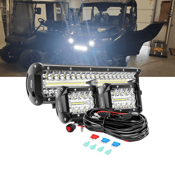 Nilight 12 Inch 300W Triple Row LED Light Bar Set with 2 Pcs 4 Inch 60W Pods and Wiring Harness for Off-Road ATV Boat Lighting