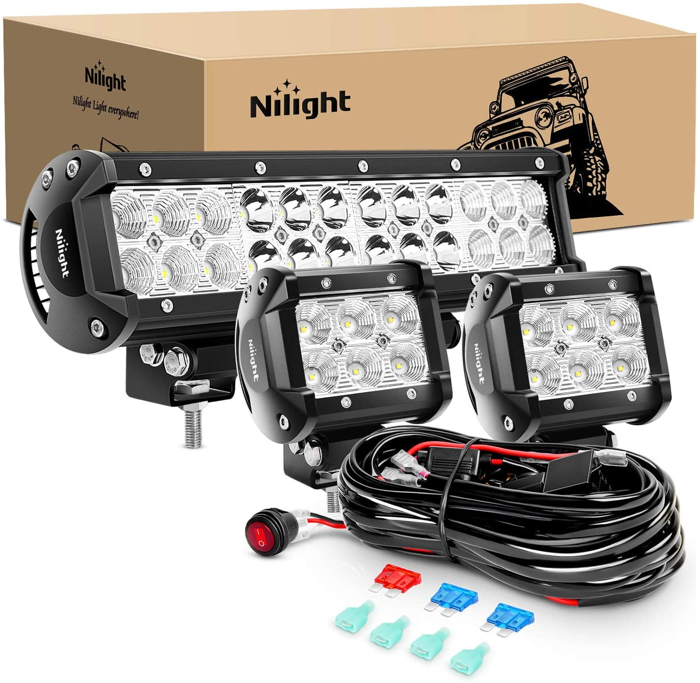 Nilight 12 Inch 72W Spot Flood Combo Led Light Bar 2PCS 4 Inch 18W Flood LED Fog Lights With Off Road Wiring Harness, 2 years Warranty
