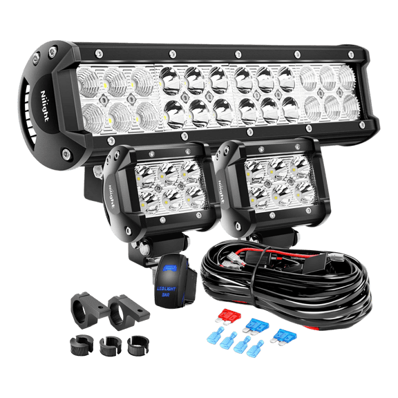 Nilight 12 Inch Dual Row LED Light Bar with 4 Inch 2PCS LED Pod Lights, Wiring Harness Switch and Mounting Brackets, Off-Road Driving Lights for Trucks, Pickups, SUVs, Jeeps and UTVs