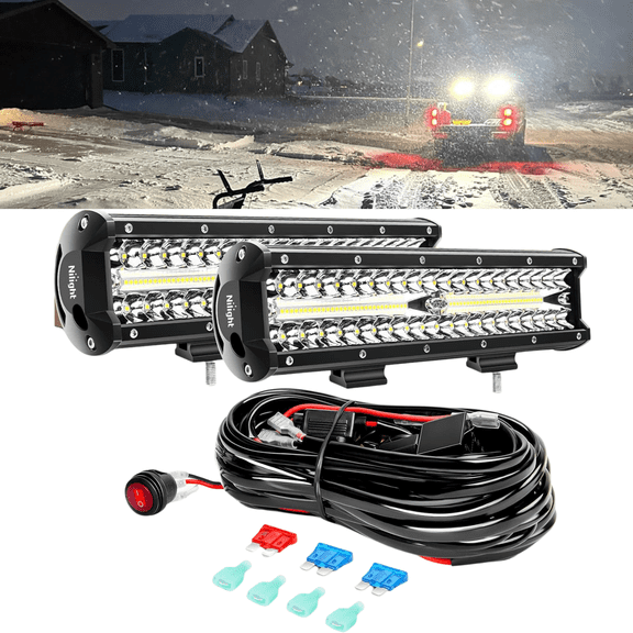 Nilight 12 Inch Triple Row LED Light Bar Set, 2PCS Flood Spot Combo Driving Lights with Wiring Harness for Truck SUV ATV UTV
