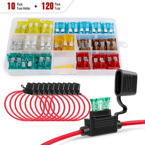 Nilight - 120 Pcs Standard Blade Fuse 5A/7.5A/10A/15A/20A/25A/30A AMP Assorted Set with 10 Pack 14AWG ATC/ATO Inline Fuse Holder, 2 Years Warranty, 1 Count (Pack of 10)