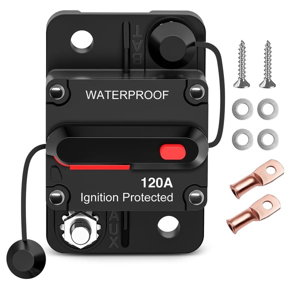 Nilight 120A Resettable Circuit Breaker 12-48V DC, Manual Reset with Copper Lugs, Surface Mount Overload Protection for Car Audio, RV, Marine, Truck