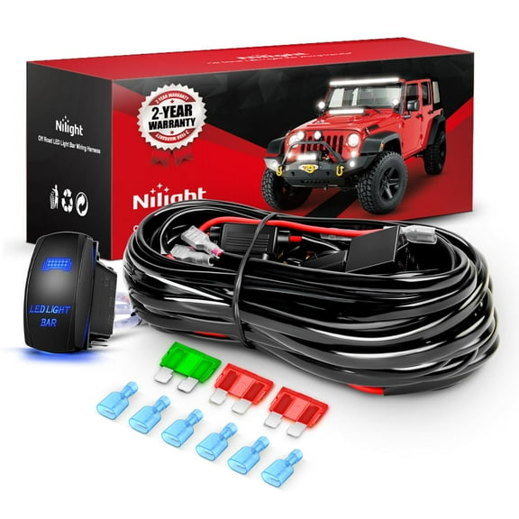 Nilight 12AWG LED Light Bar Wiring Harness Kit 12V On Off 5Pin Rocker Switch Laser Waterproof Toggle Power Relay Blade Fuse for Cars Boat ATV Trucks - 3 Leads Bule
