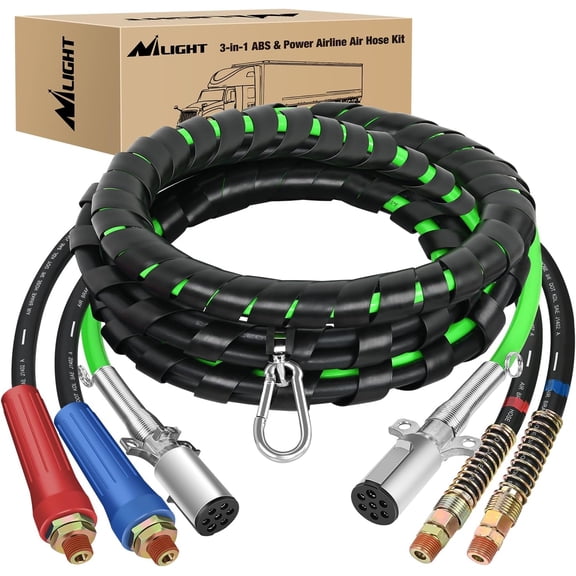 Nilight 12FT 3 in 1 ABS & Power Air Line Hose Assembly Kit Heavy Duty Green 7 Way Electrical Cable with Emergency Breakaway Weatherproof for Semi Truck Trailer Tractor