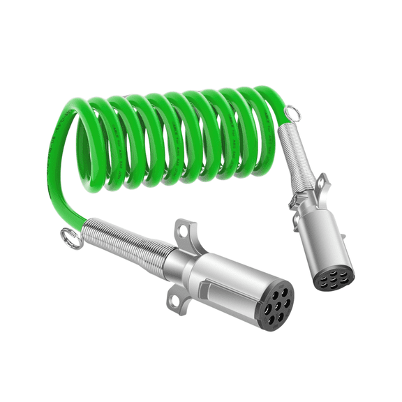 Nilight 12FT 7 Way ABS Coiled Trailer Cord Heavy Duty Zinc Die Cast Plug Green Electrical Power Cable 7 Pin Flexible Wire for Semi Truck Tractor Trailer