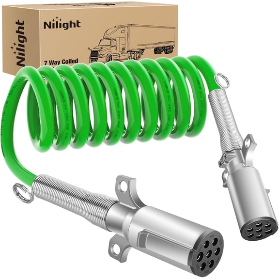 Nilight 12FT 7 Way Coiled ABS Cord Heavey Duty Zinc Die Cast Plug Green Electrical Power Breakaway Cable 7 Pin Flexible Trailer Wire for Semi Truck Tractor transmitting Signals