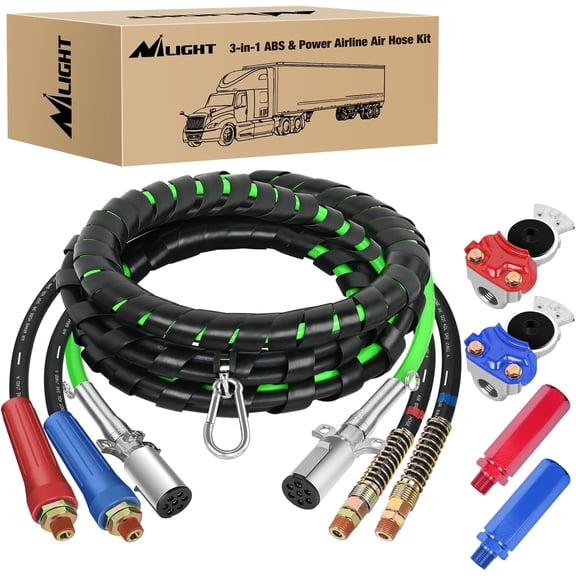 Nilight 12FT Semi Truck Air Line Hose Assembly Kit 3 in 1 Brake Hoses 7 Way Trailer Cord Glad Hands ABS Red Blue Heavy Duty Gladhand Green Electrical Power Breakaway Line for Trailers Tractor Trucks