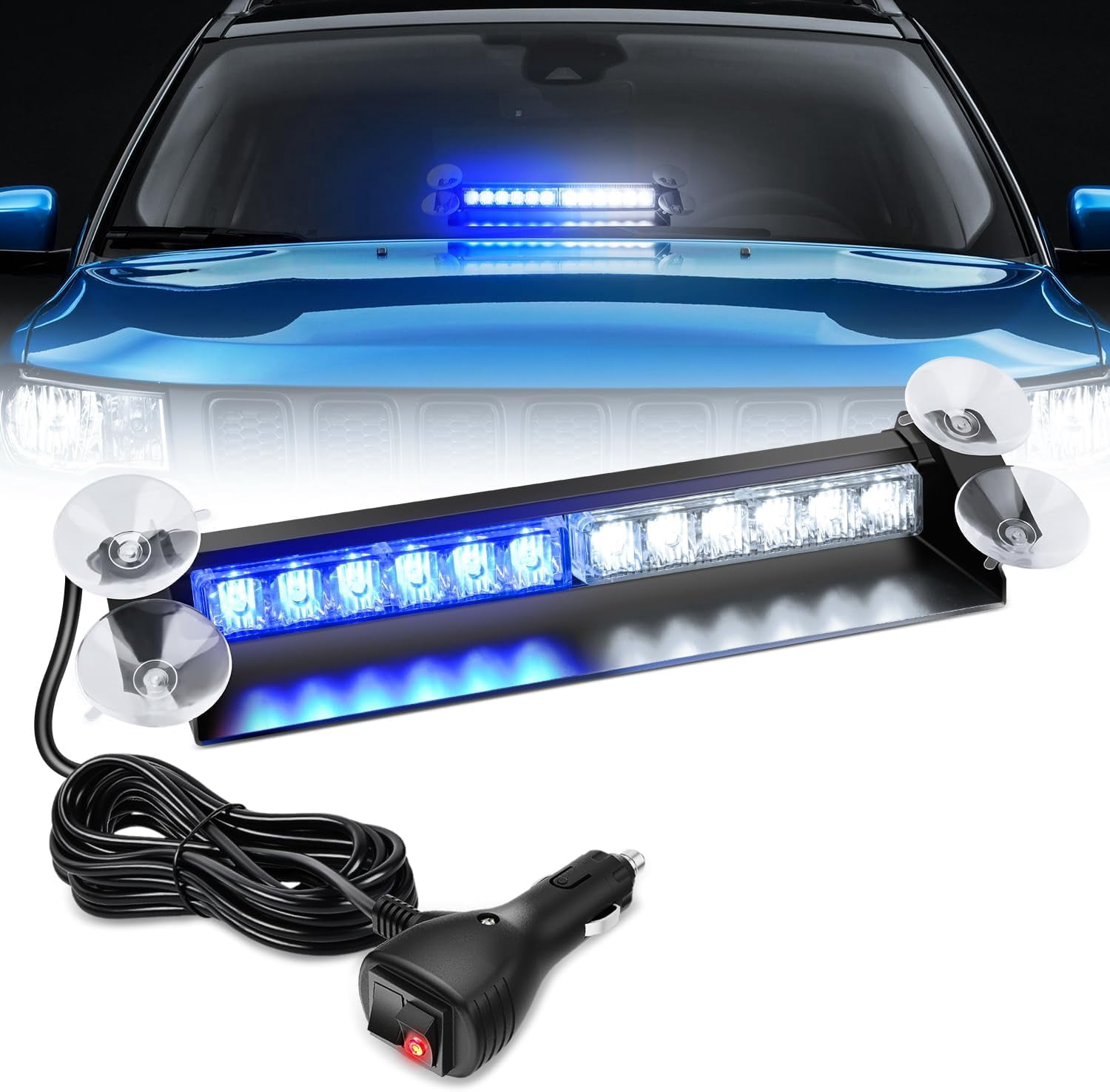 Nilight 12LED Traffic Advisor Strobe Light Bar Blue White Emergency Warning Hazard Safety Dash Front/Rear Windshield Flashing Lights