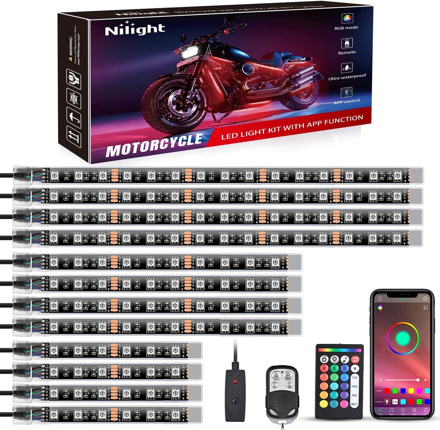 12-Piece RGB LED Motorcycle Underglow Light Kit with Remote