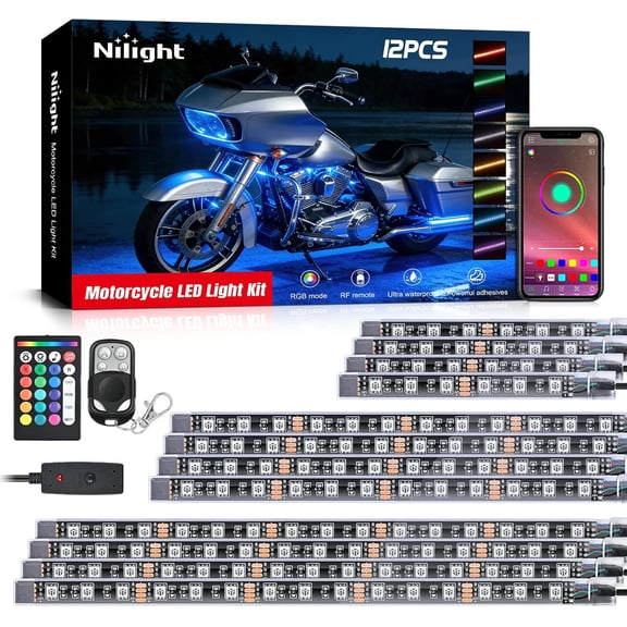 Nilight 12PCS Motorcycle RGB Led Light Kit Waterproof Multi Color Atmosphere Neon Accent Light APP and Remote Control Underbody Light Strips for Harley Davidson Honda Kawasaki Suzuki