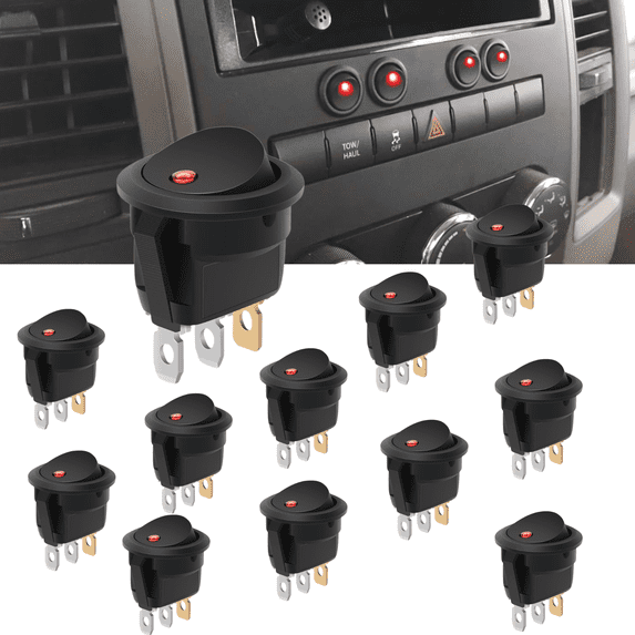 Nilight 12PCS Round Rocker Switch 12V 24V 20A Red LED SPST 3 Pin 2 Position ON Off Panel Mount for Car Truck Boat Marine Vehicle