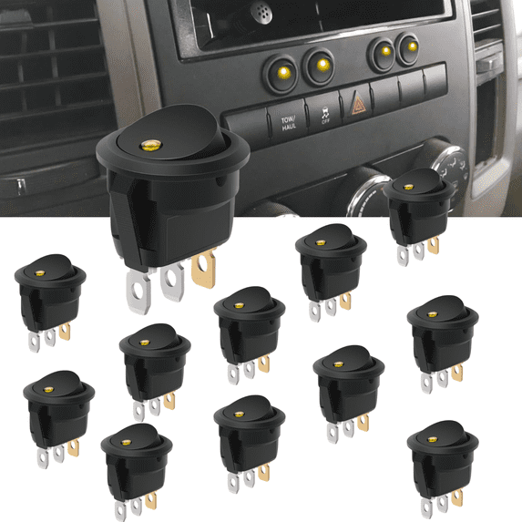 Nilight 12PCS Round Rocker Switch 12V 24V 20A Yellow LED SPST 3 Pin 2 Position ON Off Panel Mount for Car Truck Boat Marine Vehicle