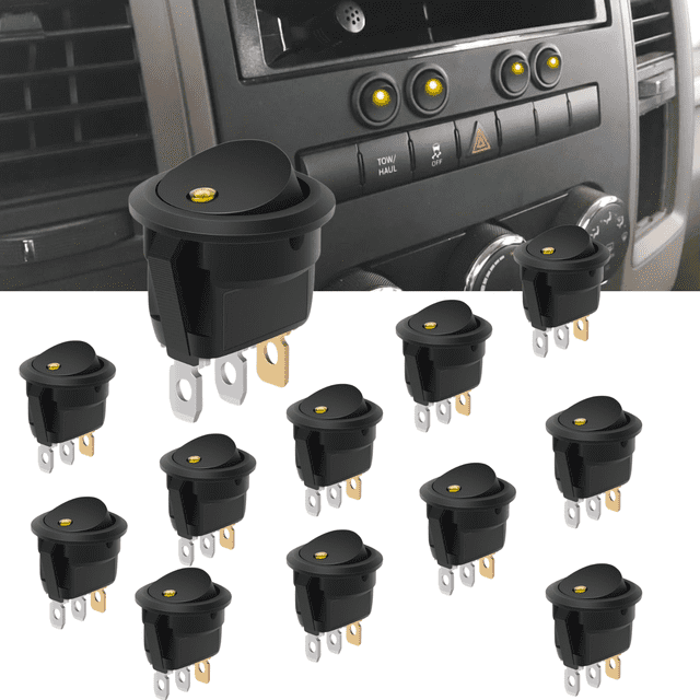 Nilight 12PCS Round Rocker Switch 12V 24V 20A Yellow LED SPST 3 Pin 2 Position ON Off Panel Mount for Car Truck Boat Marine Vehicle
