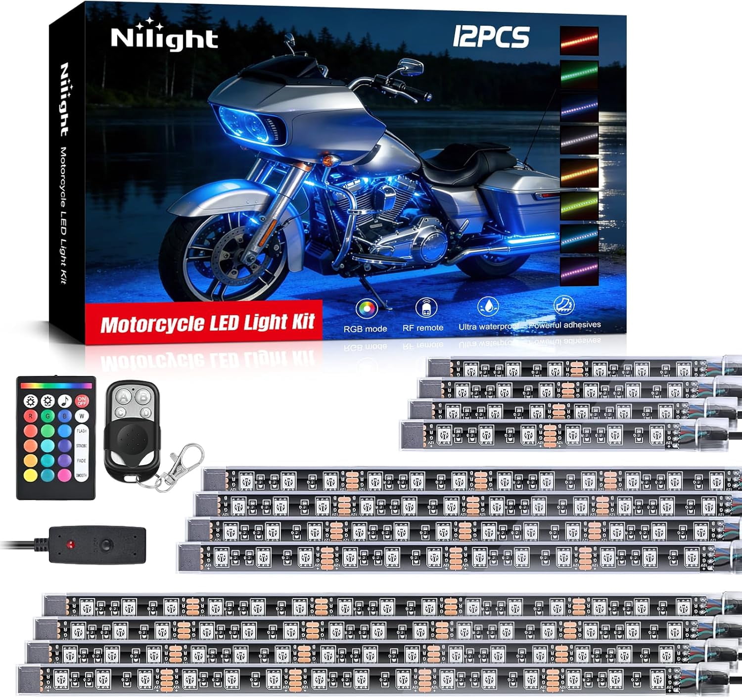 Nilight 12Pcs Motorcycle RGB Led Light Kit Waterproof Multi-Color Atmosphere Lights Lamp with Dual RF Wireless Remote Controllers for Harley Davidson Honda Kawasaki Suzuki