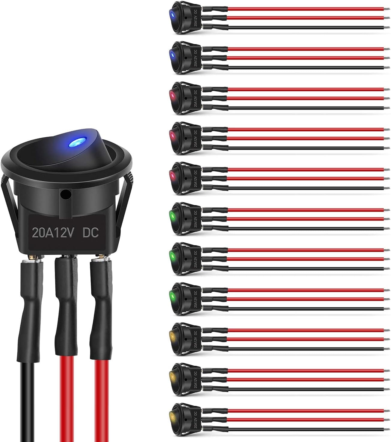 Nilight 12pcs Rocker Toggle Switch 3Pins 12V 20A Wired Round LED Light ...
