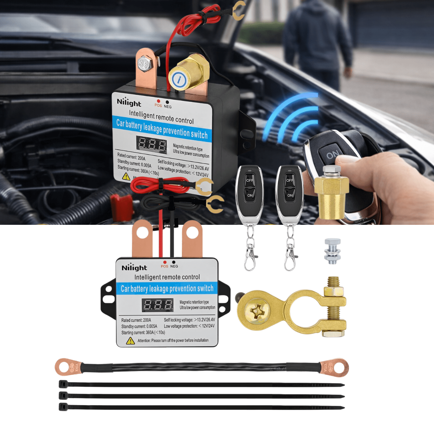 Nilight 12V 24V 360A Remote Battery Disconnect Switch with LED Voltmeter Wireless Smart Battery Isolator Kill Switch Dual Remote Fobs for Car Truck RV Boat