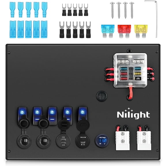 Nilight 12V/24V Camping Power Distribution Box with Fuse Block, Switches, USB, Voltmeter & Socket for RV Camper Van