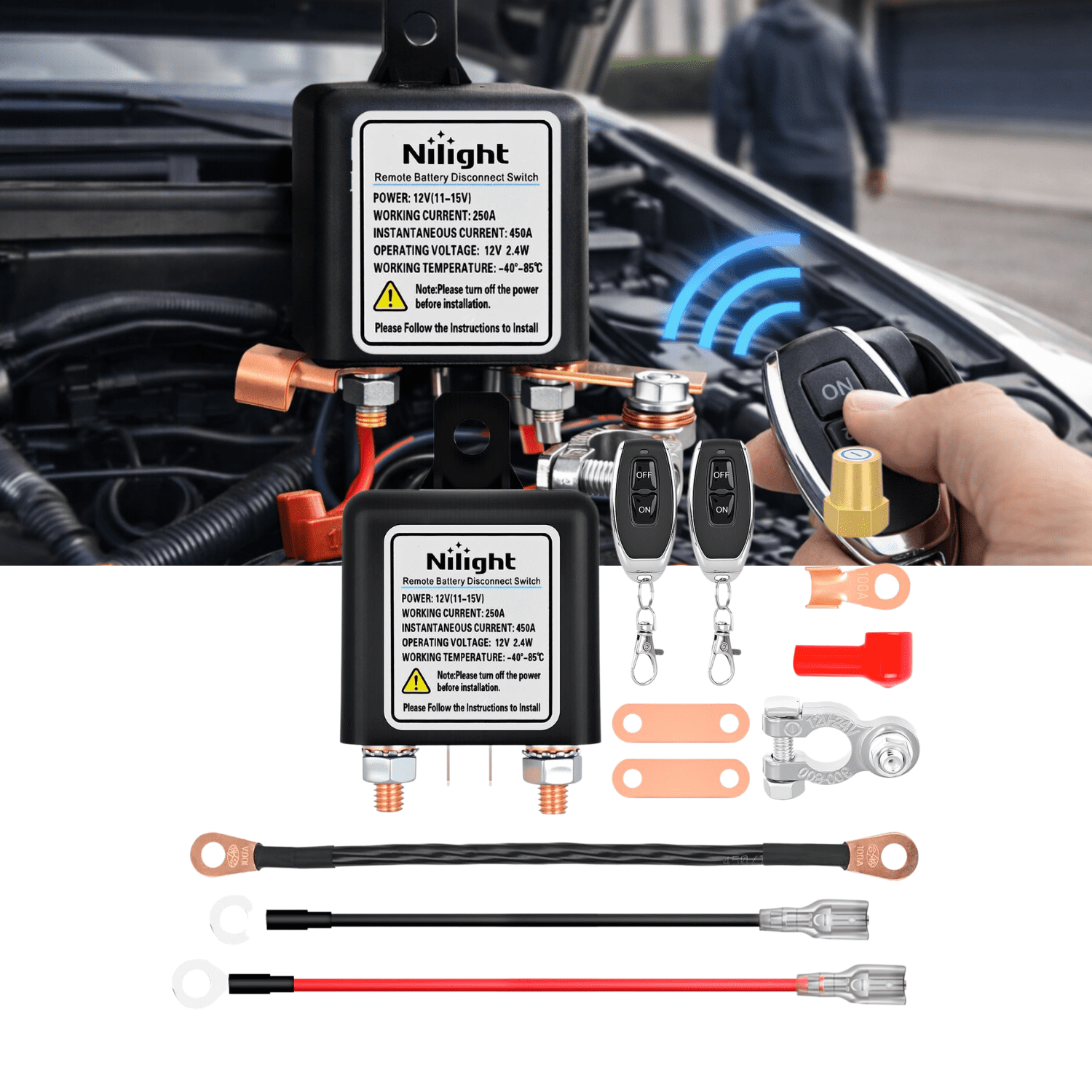 Nilight 12V 250A Remote Battery Disconnect Switch with Black Negative Cable Wireless Heavy Duty Battery Isolator Kill Switch Dual Remote Fobs for Car Truck RV Boat